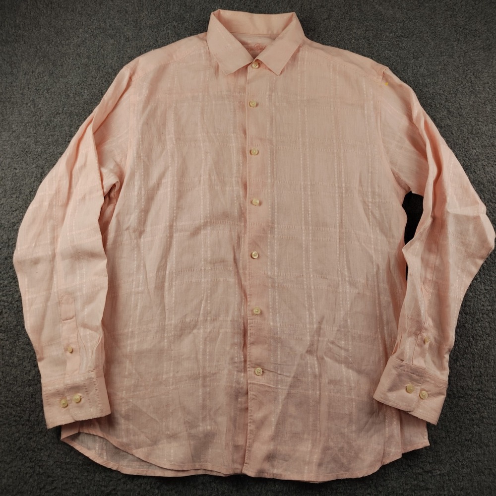 Tommy Bahama Linen Shirt Mens Large Peach Long Sleeve Button Up